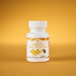 Complément alimentaire Forever Bee Propolis en comprimés à mâcher sur fond jaune